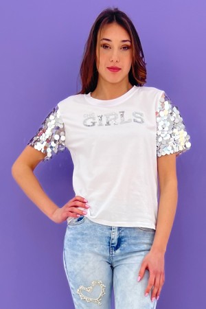 tshirt girl con scritta e maxi pailettes sulle maniche tshirt girl con scritta e maxi pailettes sulle maniche tshirt girl con...