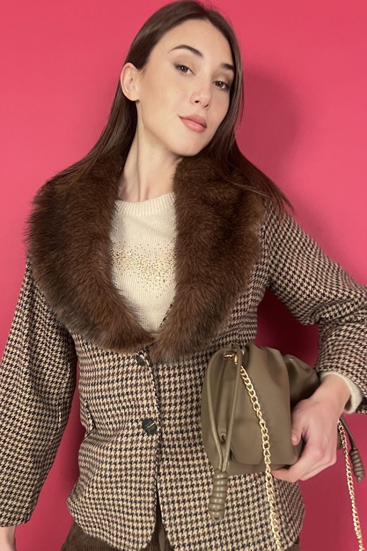 giacca samira pied de poul con collo in pelliccia  giacca samira pied de poul con collo in pelliccia  giacca samira pied de p...