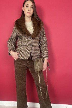 giacca samira pied de poul con collo in pelliccia  giacca samira pied de poul con collo in pelliccia  giacca samira pied de p...