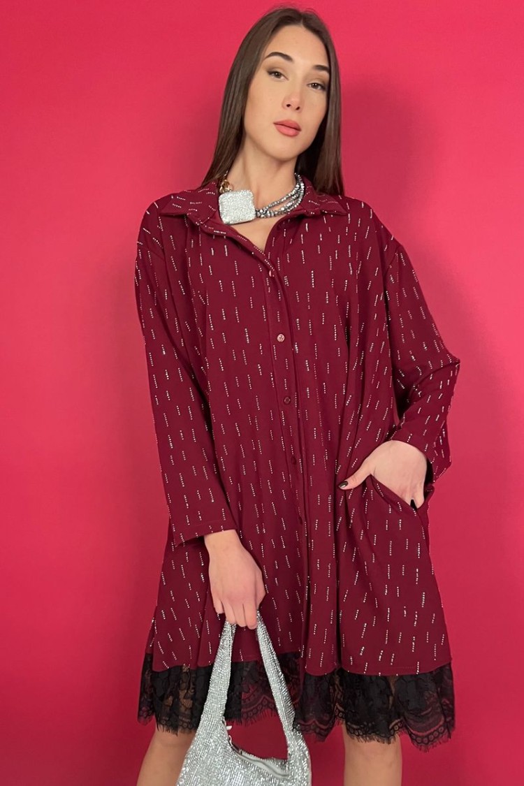 vestido de Chemisier de Noemi con diamantes de imitación y vestido de encaje, vestido de Chemisier de Lace Honemi con diamantes 