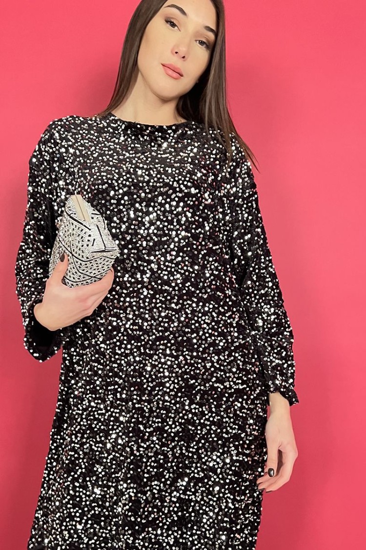 abito lara corto in veluto con paillettes e fiocco sulla schiena  abito lara corto in veluto con paillettes e fiocco sulla sc...