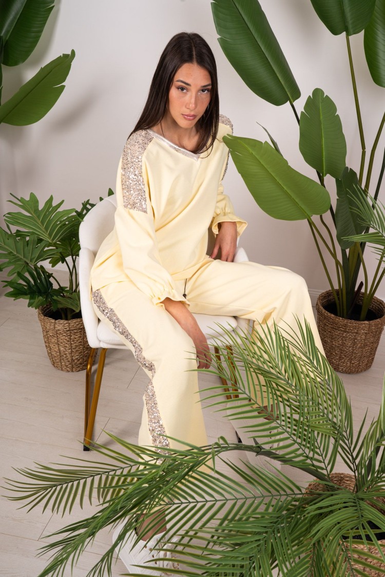 koordiniertes Sara-Maglien und gerippte Hose mit koordinierten Pailletten Sara Mesh und Ripphose mit Pailletten-COO ...