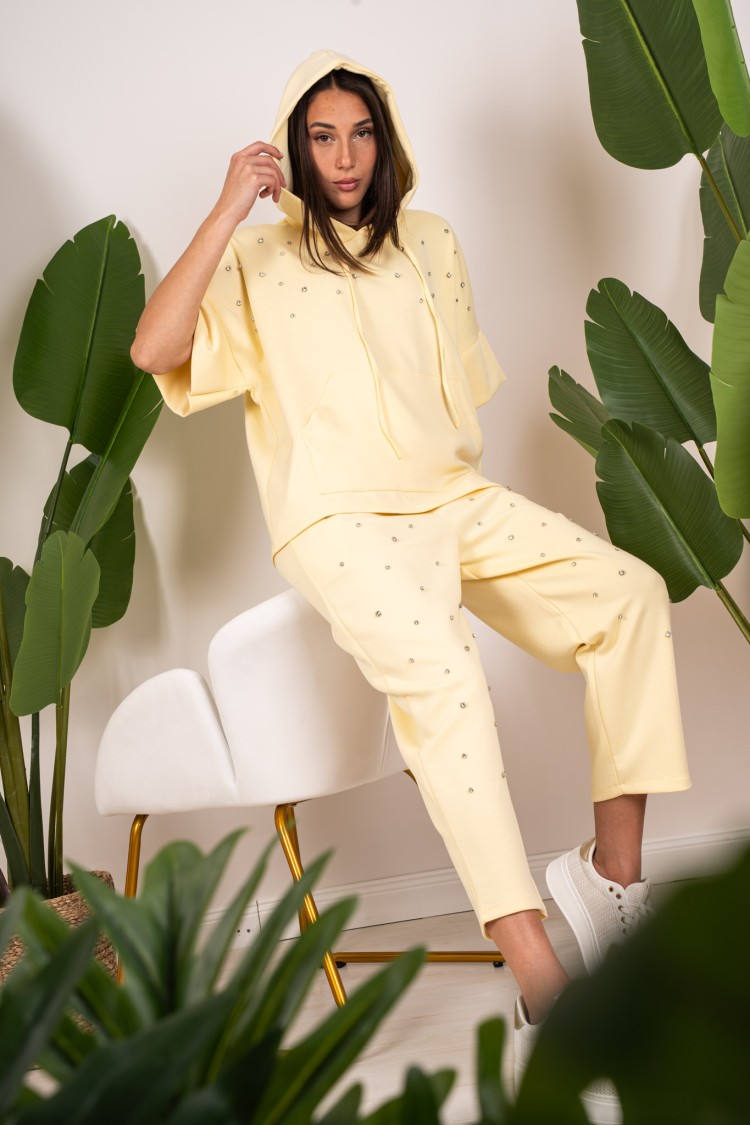 camisa coordinada con capucha y camisa de manga corta y pantalones de manga corta, coordinada, Rhinestone Ginebra con capucha, c