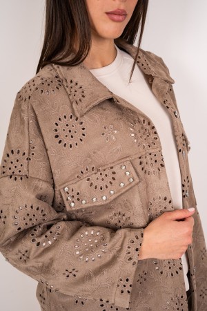 karen Jacke in perforiertem Ökocompany mit Rhinestone Karen Jacke in perforiertem Ecocamosity mit Strasskaren Jacke in Ecocamosc