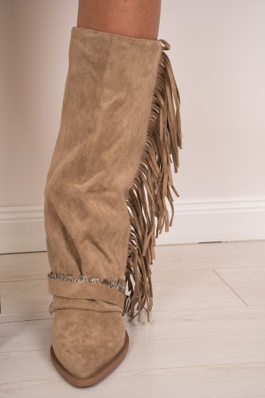 Texan Boot en Eco-échantillonnée avec Boot Texan frangé dans Ecocamoscus avec Botte Texan Fringe en Eco-Samarcy avec franges