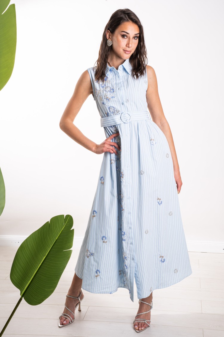 gestreiftes Santorini-Kleid mit gestickten Perlen und Gürtel Santorini Rippband mit gestickten Perlen und Gürtel Santorini Kleid