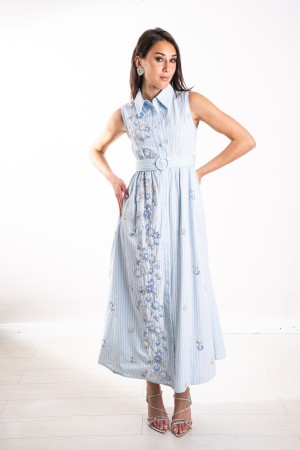 gestreiftes Santorini-Kleid mit gestickten Perlen und Gürtel Santorini Rippband mit gestickten Perlen und Gürtel Santorini Kleid