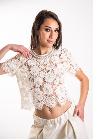 perlenperle Jersey mit Perlenhals-Perlen-Strickspitze-Perle-runde Perle-runde Perlmutt-Strick-Spitze mit ...