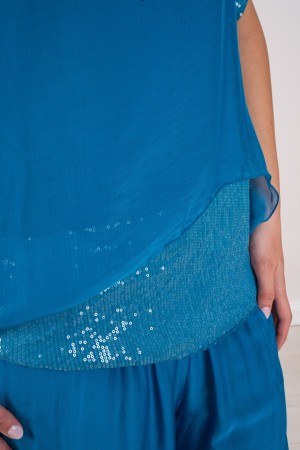 coordinato hawaii in seta blusa con paillettes e pantalone con volant  coordinato hawaii in seta blusa con paillettes e panta...