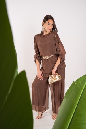 daniela coordinated in silk blus with embroidery and sequins and trousers 