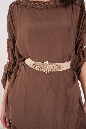 daniela coordinated in silk blus with embroidery and sequins and trousers 