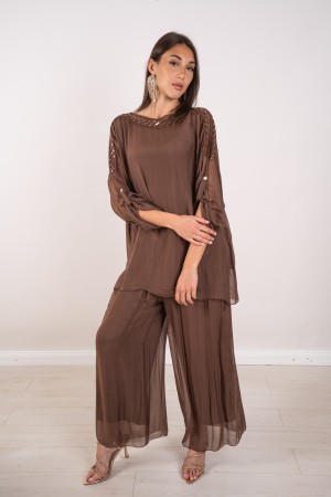 daniela coordonnée en soie blus avec broderie et paillettes et pantalons 