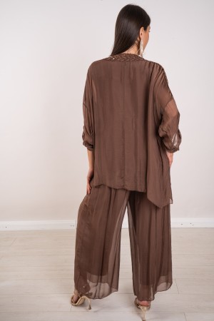 daniela coordinated in silk blus with embroidery and sequins and trousers 