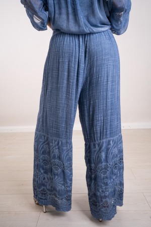 coordinated Debora in silk blouse and trousers with embroidery 