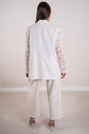 veste et pantalon coordonné Oxford Curvy avec manches en dentelle 