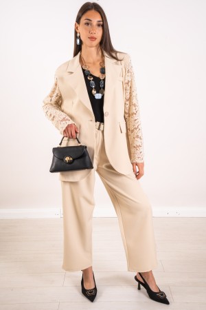 chaqueta y pantalones curvos de Oxford Coordinados con mangas de encaje 