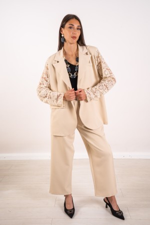 chaqueta y pantalones curvos de Oxford Coordinados con mangas de encaje 