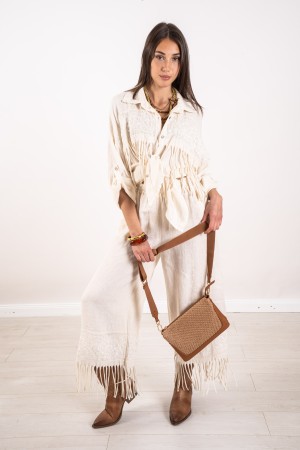 coordinato bella camicia e pantalone in lino con ricami e frange  coordinato bella camicia e pantalone in lino con ricami e f...