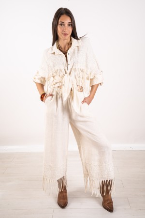 coordinato bella camicia e pantalone in lino con ricami e frange  coordinato bella camicia e pantalone in lino con ricami e f...