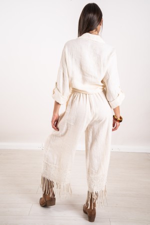 coordinated beautiful shirt and linen trousers with embroidery and fringes 
