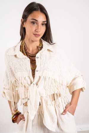 coordinato bella camicia e pantalone in lino con ricami e frange  coordinato bella camicia e pantalone in lino con ricami e f...