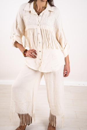 camisa hermosa coordinada y pantalones de lino con bordados y flecos 