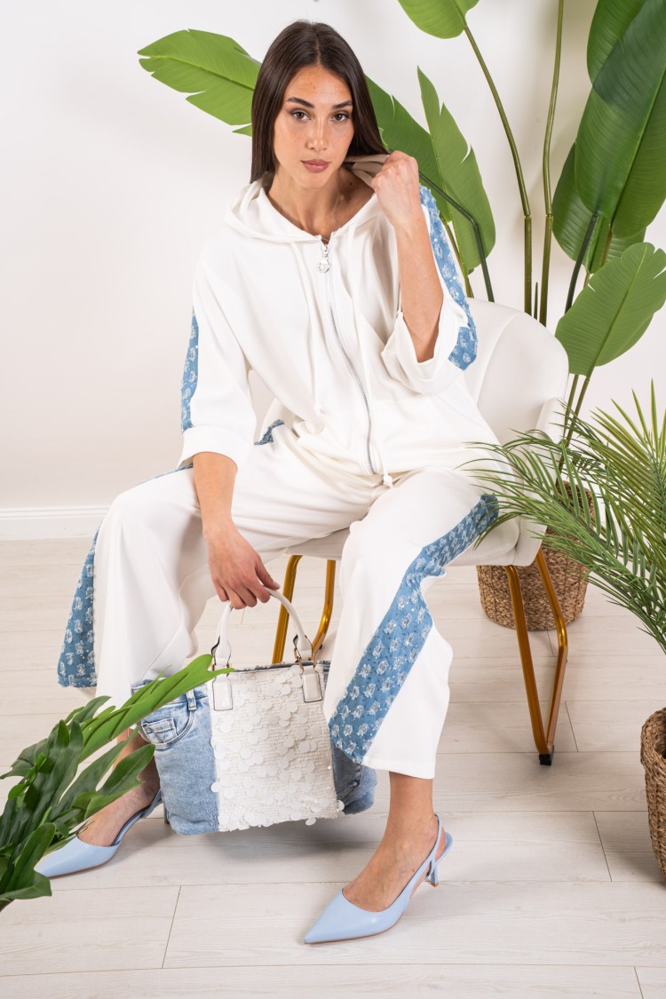 coordinato maia felpa e pantalone con inserti in denim e paillettes  coordinato maia felpa e pantalone con inserti in denim e...