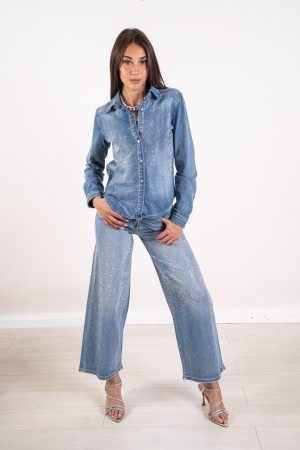 denim sun shirt with rhinestone denim sun shirt with strass sun shirt in denim with rhinestones