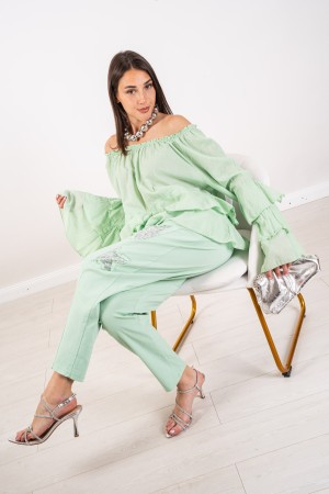 mint blouse with flushes mint blouse with flounce mint blouse with flounces