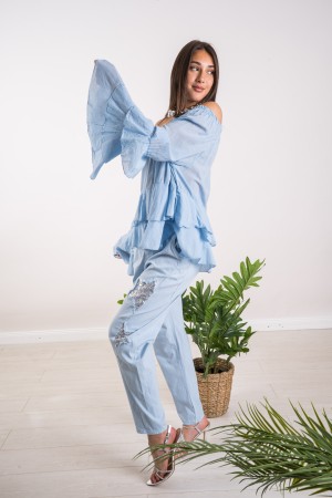 mint blouse with flushes mint blouse with flounce mint blouse with flounces