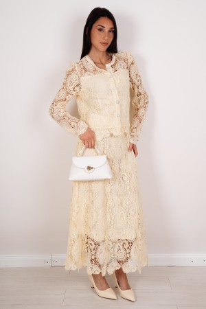 coordinated Summer Shirt and lace skirt with rhinestone inserts and coordinated pearls Summer shirt and lace skirt with insert .