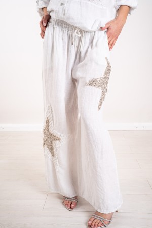 pantalone ischia in lino con paillettes  pantalone ischia in lino con paillettes  pantalone ischia in lino con paillettes