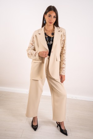 la chaqueta y los pantalones curvos de Oxford coordinados con las mangas de encaje coordinaron la chaqueta y pantalones con curv
