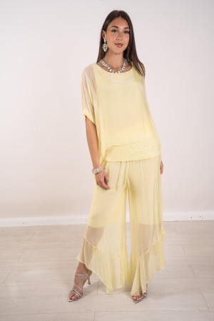 coordinato hawaii in seta blusa con paillettes e pantalone con volant  coordinato hawaii in seta blusa con paillettes e panta...