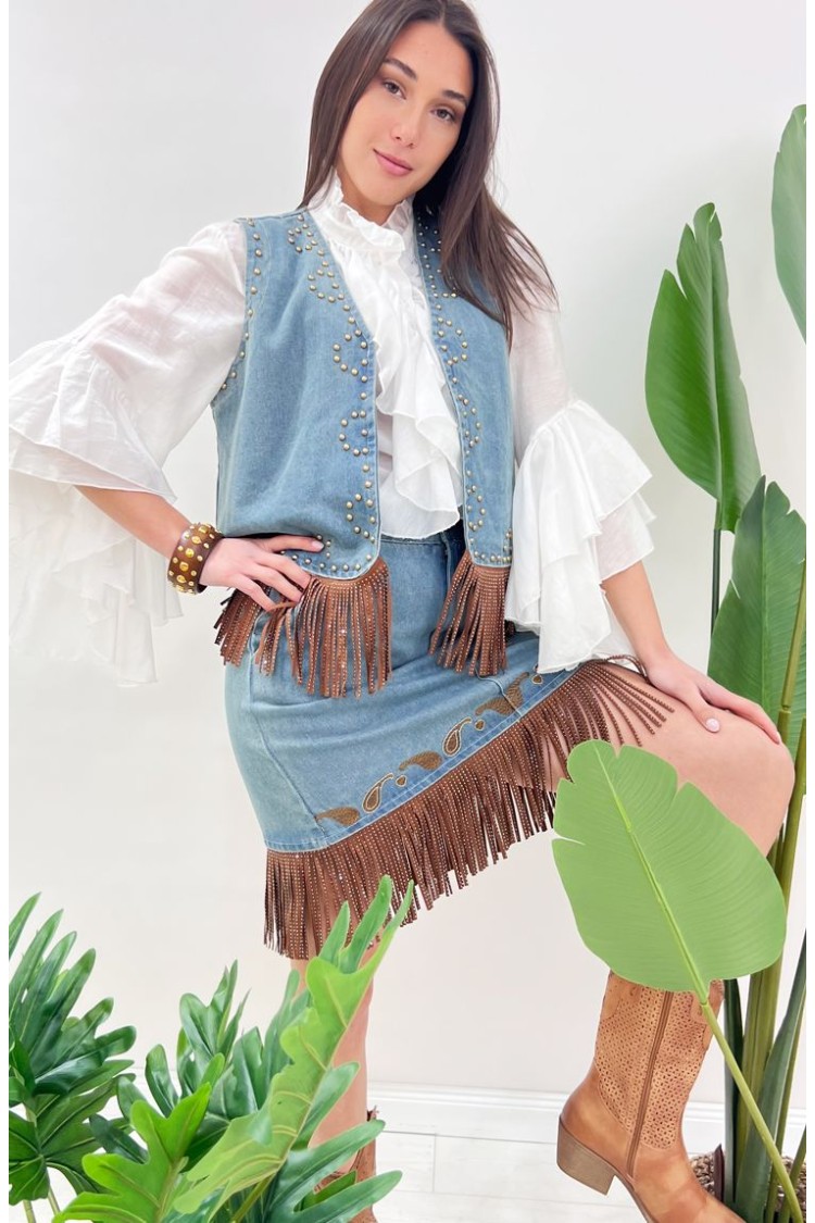 Colorado Weste in Denim mit Nieten und Fransen Colorado Weste in Denim mit Nieten und Fransen Colorado Weste in Denim mit Borch 