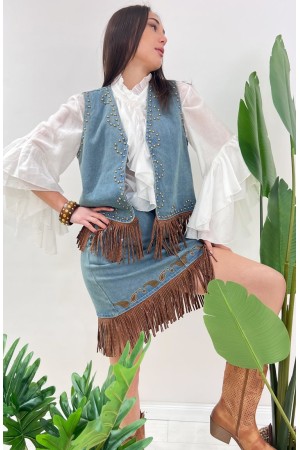 Gilet Colorado in denim con borchie e frangia Gilet Colorado in denim con borchie e frangia Gilet Colorado in denim con borch...