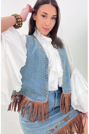 Gilet Colorado in denim con borchie e frangia Gilet Colorado in denim con borchie e frangia Gilet Colorado in denim con borch...