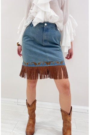 Gonna Colorado in denim con frange e borchie Gonna Colorado in denim con frange e borchie Gonna Colorado in denim con frange ...
