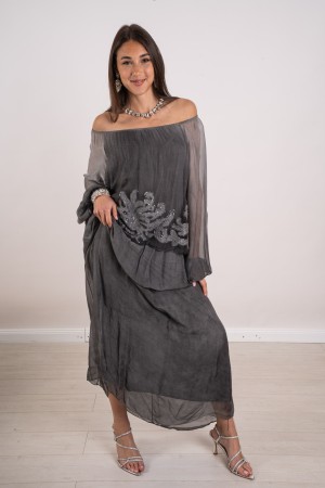 robe longue de la soie de la soie avec broderie et paillettes Long Silk Monica Robe avec broderie et paillettes Long Monica Robe