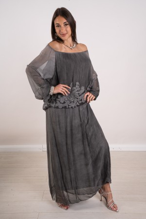 robe longue de la soie de la soie avec broderie et paillettes Long Silk Monica Robe avec broderie et paillettes Long Monica Robe