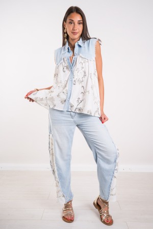 Vest Mid Denim Half Fabric With Embroidery Rhinestone Vest Simo Half Denim Half Fabric With Embroidery Rhinestone Vest Simo Half