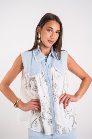 Vest Mid Denim Half Fabric With Embroidery Rhinestone Vest Simo Half Denim Half Fabric With Embroidery Rhinestone Vest Simo Half
