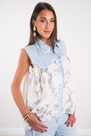 Chaleco medio mezclado medio tejido con bordado Rhinestone Chaleco Simo medio mezclilla Tela media con bordado Rhinestone Chalec