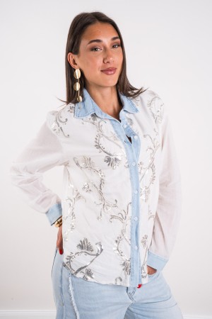 Anita shirt with embroidery flower sequins cream and detail denim clear washing anita shirt with embroidery flower sequins ...