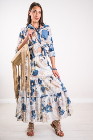 Macramé lace spring shirt with denim-like inserts and floral print Spring shirt in lace macramé with insert ...