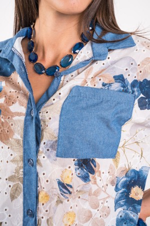 Macramé Spitze Frühlingsshirt mit Denim-ähnlichen Einsätzen und Blumendruck Frühlingshemd in Spitze Macramé mit ...
