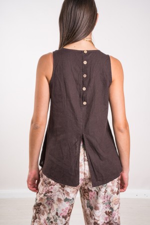 Camiseta sin mangas de lino con botones traseros lino tapa sin mangas con botones traseros. Top sin mangas de lino con botones t