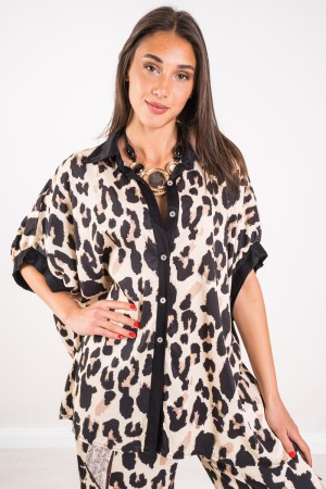 Coordinato Elettra camicia e pantalone animalier con bordi neri  Coordinato Elettra camicia e pantalone animalier con bordi n...