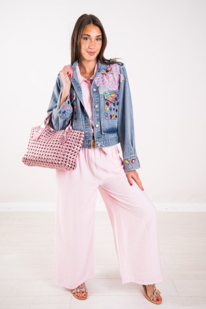 Chaqueta de flores de mezclilla con bordado y piedras, chaqueta de flores en denim con bordado y piedras, chaqueta de flores en 