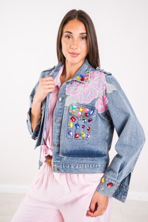 Chaqueta de flores de mezclilla con bordado y piedras, chaqueta de flores en denim con bordado y piedras, chaqueta de flores en 